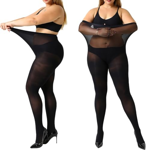 MANZI Women's Control Top Plus Size Tights for Women High Waist Opaque Pantyhose 2 Pairs Black X-Large