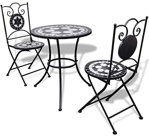 Tidyard Mosaik Bistroset 3-TLG. Sitzgruppe Balkonset Balkonmöbel Sitzgarnitur Gartenmöbel Mosaiktisch 2 Mosaikstühle Keramik Schwarz & Weiß