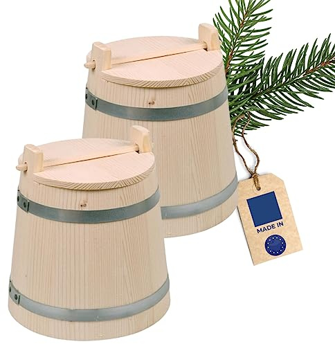 2X HOFMEISTER® Gärtopf Holz 5 Liter mit Deckel – Sauerkrauttopf und Gurkentopf zum Einlegen und Fermentieren von Gurken, Gemüse, Kimchi – Naturprodukt