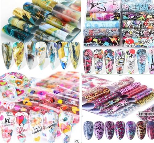 MWOOT 90 hojas de calcomanías de papel de aluminio de transferencia para arte de uñas, holográficas, mariposas, flores, leopardo, mármol, cielo estrellado, día de San Valentín, calcomanías de