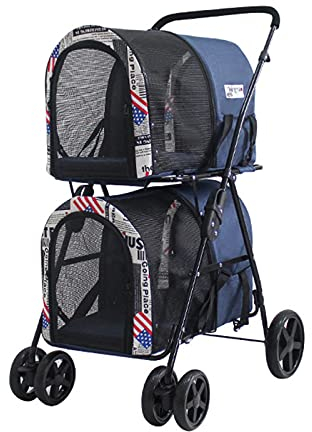LJFLI Hundebuggy Hundewagen 2 Katzen Kleine Hunde Auf/Ab 20kg Leicht Faltbar Tasche Doppelwagen Outdoor-ReisezubehöR,Blue