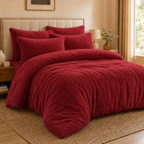 EXQUIZIT HOME® Teddy Fleece Duvet Cover Set – Super Soft Teddy Bear Fleece Bedding Set with Pillowcases – Warm Cosy Winter Fleece Quilt Cover (Red Double 200cm x 200cm Approximate)
