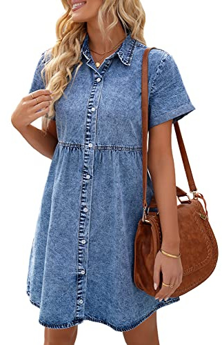 LookbookStore Denim Dress Womens Denim Babydoll Dress Short Sleeve Oversized Dress Lapel Collared Casual Dress for Women Summer Reef Blue Size L Babydoll Jean Dress Size 12, 14