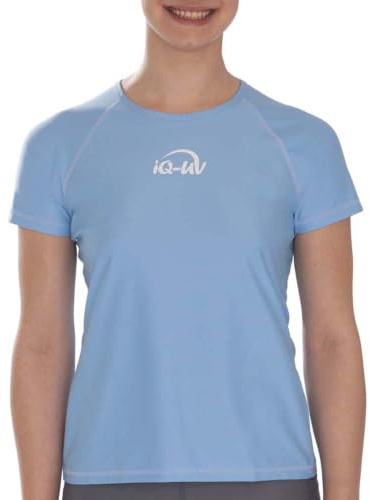 iQ-UV Shirt für Damen Kurzarm Hellblau S – Rash Guard Schwimmshirt für Frauen aus recyceltem Material – UV-Schutz Badeshirt zum Schwimmen, oder Sport – funktionales Surf-Shirt