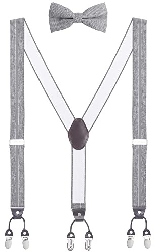 WANYING Uomo 6 Clip Bretelle & Papillon 2 in 1 Set, Larghe 3,5 cm Forma di Y Bretelle estese per statura 170-200 cm - A righe grigio