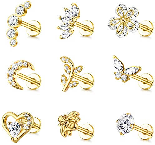 ADRAMATA 9 Stück 16G Helix Piercings Tragus Knorpel Ohrringe Set für Damen - Conch Labret Zirkonia Schmetterling Mond Gold Silber Ohr Piercing