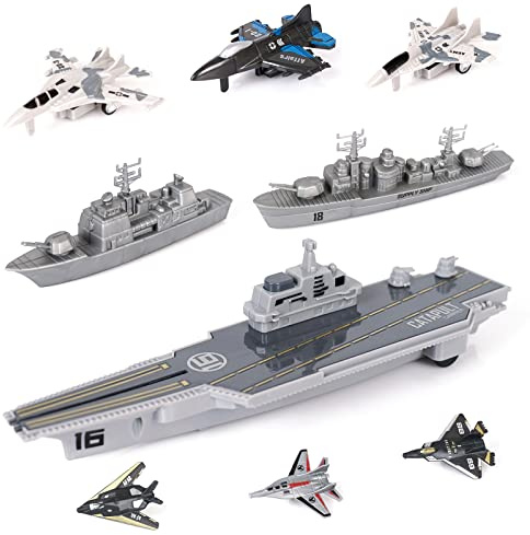 Crelloci Aircraft Carrier Military Naval Ship with Pull Back Army Fighter Jet Toy Small Scale Model Plane Submarine Kids' Play Vehicle Set for Boy Girl Children