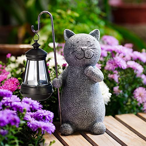 Solar Cat Statue Garden Ornament with Lantern - Weatherproof Outdoor Grey Figurine for Patio, Balcony, Fairy Gardens | 19.5cm Unique Gift for Women/Men/Mum (Birthday, Christmas)