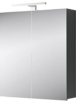 Planetmöbel Merkur Spiegelschrank Bad mit Beleuchtung 60 cm breit | Badschrank hängend mit Spiegel | Chrom LED Beleuchtung | Anthrazit