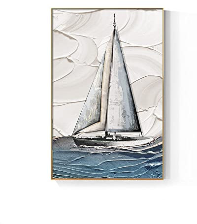 Acrylbilder, Blaue Textur Reise Segelboot Wellen Landschaft Moderne Abstrakte Kunstwerke Rahmenlose Original Handgemalte Ölgemälde Auf Leinwand Wandkunst Für Wohnzimmer Schlafzimmer Büro Wohnku