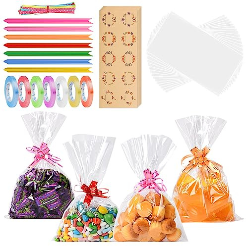 OFFCUP 70 stycken cellofanpåsar, 12 x 17 cm godispåsar genomskinliga, genomskinliga bakverkspåsar, med 100 gyllene filigranremsor, 70 klistermärken, 70 blombandage och 7 band, chokladgodis