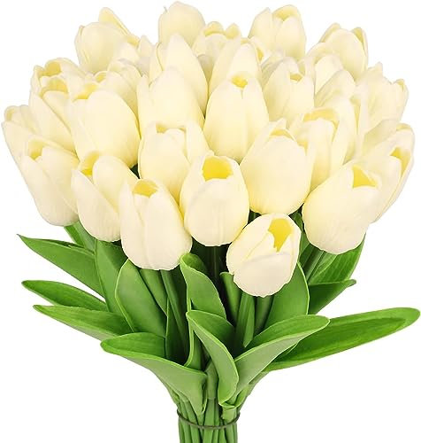 N&T NIETING Tulipanes artificiales, 12 unidades de flores artificiales de látex de poliuretano con tacto real, tulipanes falsos, arreglos para ramo de boda, fiesta, cumpleaños, hogar, oficina,