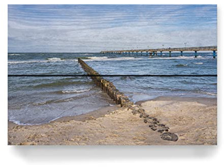 artboxONE Holzbild 30x20 cm Natur Seebrücke, Buhne, Meer, Strand von Künstler Rico Ködder