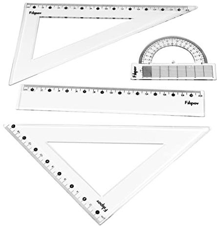 Filipov - Geometrie Set 4-tlg, Zeichnen Set Dreieck 60°/200, Dreieck 45°/220, Lineal 20 cm. und Winkelmesser/transparent