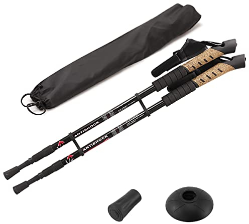 MidGard Nordic Walking Stöcke Teleskop Antischock Wanderstöcke aus Aluminiumlegierung mit Korkgriff & Dämpfung verstellbar in der Länge 70-135 cm Schwarz