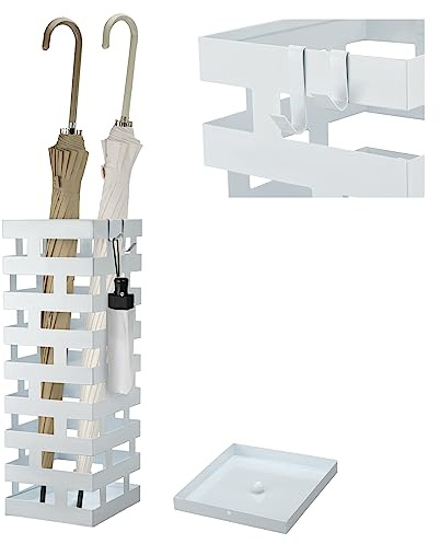 Tudomro Umbrella Stands for Entryway Large Metal Umbrella Holder 6.3 x 5.5 x 16.5 Inches with Removable Water Tray and Hooks Decor Freestanding Rectangular Storage Hollow Rack for Home Office (White)