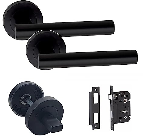 Golden Grace T-Bar Bathroom Door Handles, Matt Black Finish, Bathroom Set | Includes 64mm bathroom mortise lock, thumbturn, spindles and screws for a hassle-free, complete door installation.