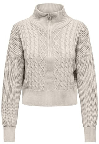 ONLY Damen Strickpullover ONLDoritta Cable Zip High Neck Pulli mit Kragen 15306911 Pumice Stone M