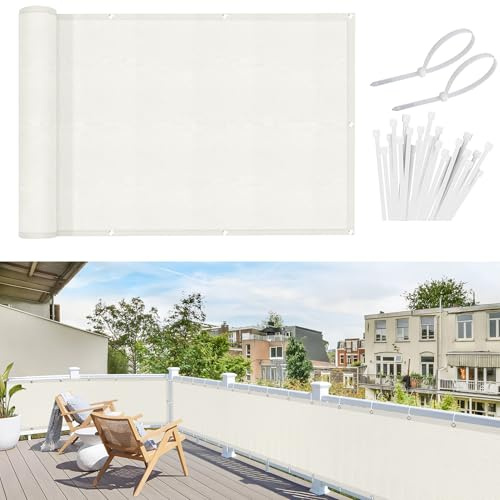 Sunnylaxx Balkon Sichtschutz 80x300cm, Cream weiß Balkonverkleidung Balkonabdeckung Balkonbespannung Blickdichte Windschutz und UV-Schutz mit Kabelbinder
