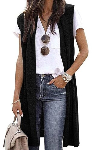 Cardigan Donna, Cardigan Da Donna Aperto Davanti Senza Maniche Di Media Lunghezza Cardigan Da Donna Gilet Tinta Unita Spacco Laterale Alla Moda Lungo Spolverino Cappotto Cardigan Coprispalle Nero S