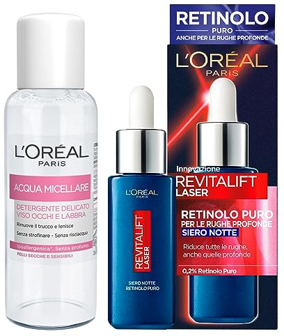L'Oréal Paris Revitalift Laser Gesichtsserum Nacht Anti-Aging mit reinem Retinol und Hyaluronsäure für tiefe Falten, 30 ml + Micellares Wasser, mildes Reinigungsmittel für Gesicht, Augen, Lippen,