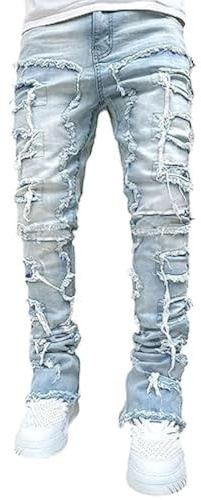 Stacked Jeans Men Skinny Ripped Jeans Slim Fit Patchwork Denim Pants Y2K Goth Harajuku Emo Hip Hop Trouser Blue