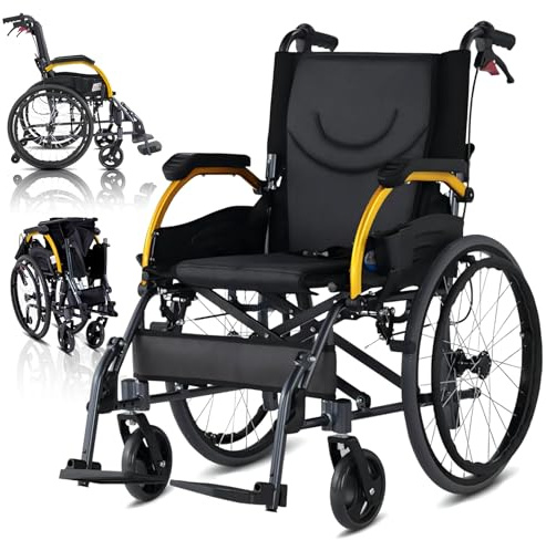 Bueuwe Rollstuhl Faltbar Leicht Aluminium Wheelchair, Leichtgewichtrollstuhl, Transitrollstuhl faltbar leicht, Reiserollstuhl, Klappbar Rollstühle mit Selbstantrieb, Abnehmbares Waschbares