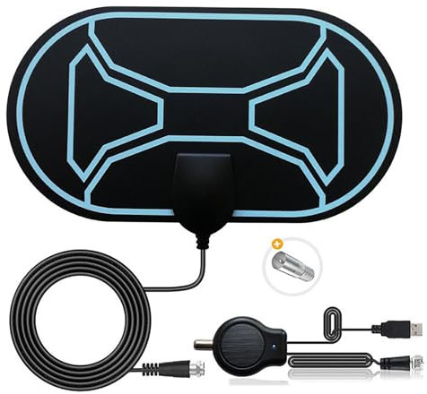 Antenna TV, Antenna TV Interna HDTV Digitale con Amplificatore Segnale per 4K 1080p VHF UHF DVB-T/DVB-T 2 Canali Gratuiti, Cavo Coassiale 5M, HC10