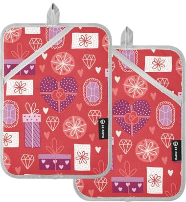 KLL Pot Holder, 2 Pack Heat Resistant Potholder with Pockets Kitchen Hot Pads Sets Oven Pads, 9.8x7 Valentine's Day Hearts