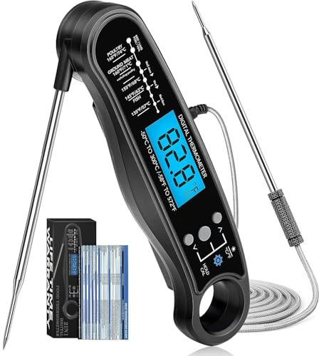 New 2-in-1 Instant Read Meat Thermometer for Cooking, Fast & Precise Digital Food Thermometer with Backlight, Magnet, Waterproof and Dual Foldable Probe for Kitchen Oven, Deep Fry, BBQ, Grill (Black)