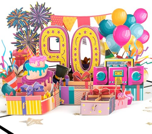 CNLITIHEKA 90. Geburtstag Karte für Opa Oma, Geburtstagskarte für 90 Jahre alt Papa Mama Freunde, Pop Up 90. Geburtstag Karte für Ehemann Frau, mit Ballons Party Thema.