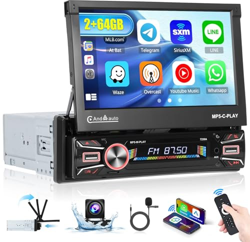 Inefala 2+64G Android 15 Radio Coche 1 DIN con 7 Pantalla Retráctil Motorizada, CarPlay inalámbrico Autoradio Bluetooth con Android Auto GPS WiFi Supporta Enlace Espejo FM/RDS Radio AUX USB