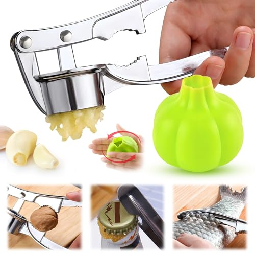 Generic 2 pieces set Silicone Garlic Peeler & Press; 4 in 1 Stainless Steel Garlic Press, Silicone Tube Roller, Garlic Crusher, Cutter, Mincer, Chopper, Masher