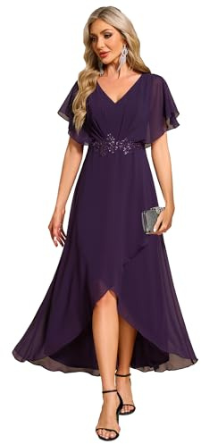 Ever-Pretty Robe pour Mariage Invité Longue Femme Asymétrique Col V Plissé Manches Volantées Mousseline Robe de Soirée Chic EE02027