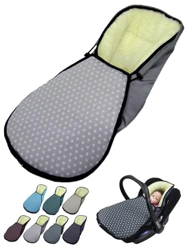 Fotsäck för babystol [vinteråkpåse] för barnbilstol kompatibel med Maxi Cosi babystolar grupp 0 lammull sittdyna justerbar (stjärnor ljusgrå)
