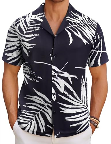 COOFANDY Camisas Hombre Manga Corta Camisa Hawaiana Hombre Verano Camisa Casual Playa Vacaciones Camisas Impresión de Hawaii Camise con Bolsillo Delantero Hojas en Silueta C L