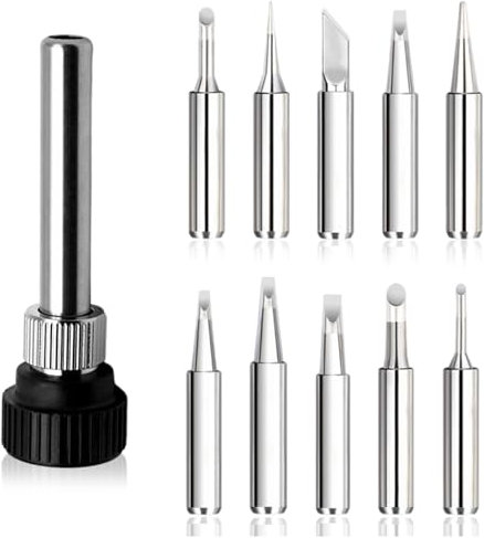 10 Stück Lötspitzen Set, Bleifreie Lötkolben mit 1 Schweißhülse, Kupfer Lötspitzen aus Kupferkern und Plattierung, Ersatz Lötspitzen Set für Lötstation Schweißen Löten Tool(900M-T)