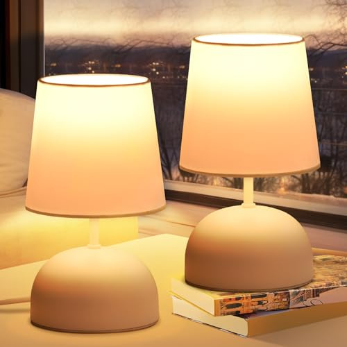 ZMH Nachttischlampe 2er Set Tischlampe mit Kabel - Tischleuchte Weiß Stoff Nachtlampe Modern Schlafzimmer Bettlampe Design Klein Schreibtischlampe für Wohnzimmer Büro Bett Tisch Fenster Hotel