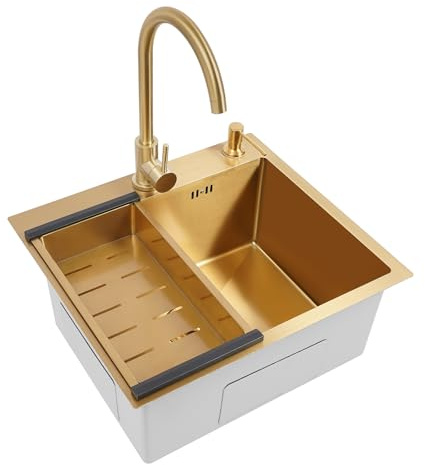 Fregadero de cocina de acero inoxidable, fregadero de cocina, empotrable, dorado, de acero inoxidable, con juego de grifería, incluye escurridor, sifón, desagüe y rebosadero, 50 x 45 x 22 cm