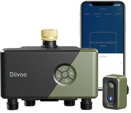 Diivoo WLAN Bewässerungscomputer 4 Ausgänge mit Messingeinlass, kompatibel mit Alexa/Google Assistant – 24 Pläne, Regenverzögerung & Nebelmodus für Garten und Rasen