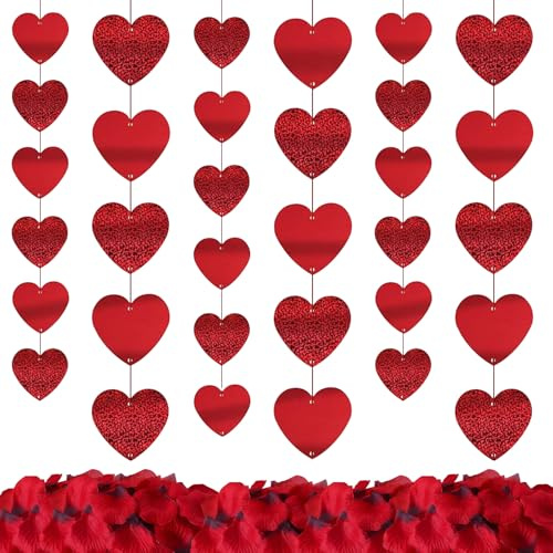 CaiTang 6 Piezas Guirnalda de Corazón Rojo, Guirnalda Corazones Decoración San Valentín, 1000 Pétalos de Rosa, Decoración San Vatentín Banderines, Guirnalda Corazones Decoracion Colgantes, 6 * 2M
