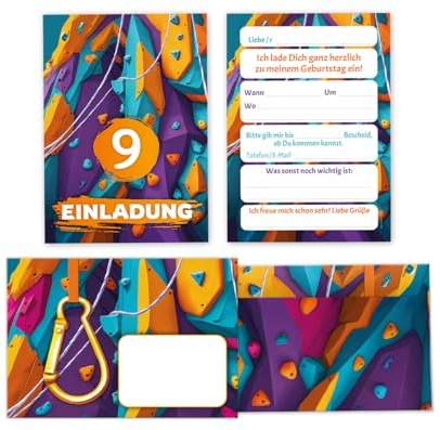 JuNa-Experten 12 Einladungskarten zum 9. Kindergeburtstag Klettern – Einladungen, Mädchen und Jungen, Kletterpark Einladungskarten für den neunten Geburtstag inkl. 12 Umschläge