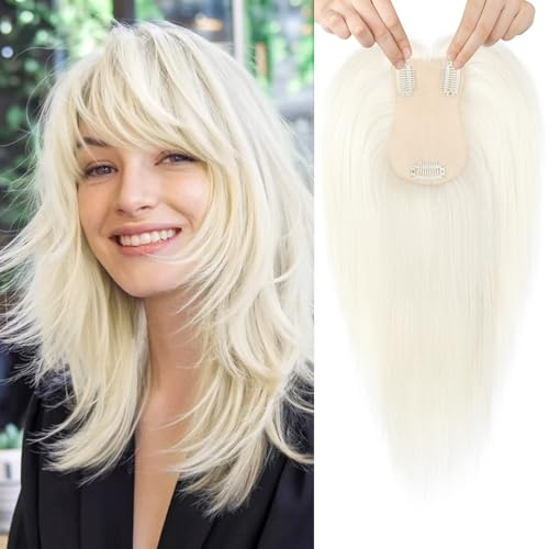 Flufymooz 100% Real Human Hair Toppers, 12 Inch Human Hair Toppers for Thinning Hair Large Hand-woven Area 360° Coverage Natural Hairpiece Wiglet for Women Daily 5x3 Silk Base (White Blonde)