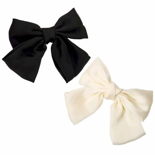 2Pcs Hair Bows for Women Big Bowknot Hairpin French Clips with Ribbon Solid Color Barrette Clips Soft Satin Silky Bows for Women Girls(Black+White)