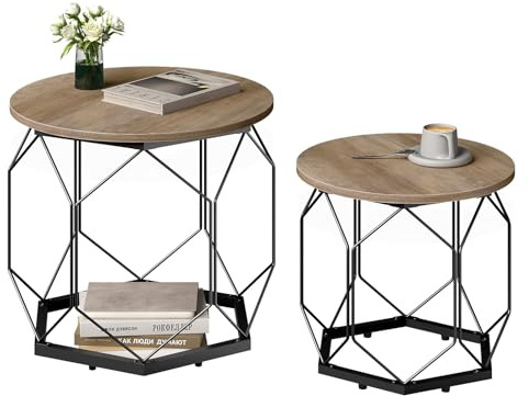 WOLTU Couchtisch 2er Set,Beistelltisch rund,hohlem Metallrahmen | Wohnzimmertisch mit Stauraum,Graue Holzoptik,einfache montage,bis 25 kg,für Wohnzimmer,Schlafzimmer ,Büro