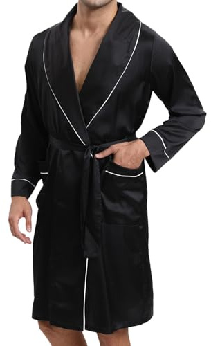 Peignoir kimono long en satin pour homme - Léger - Deux poches latérales avec ceinture - Peignoir de bain - Peignoir de sauna - Hôtel - Spa - Vacances - 2 pièces, Noir , XXL