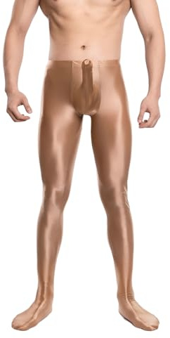 Fldy Glänsande strumpbyxor för män med olja glans leggings glänsande nylon herrstrumpbyxor underkläder långa kalsonger, kaffe, L