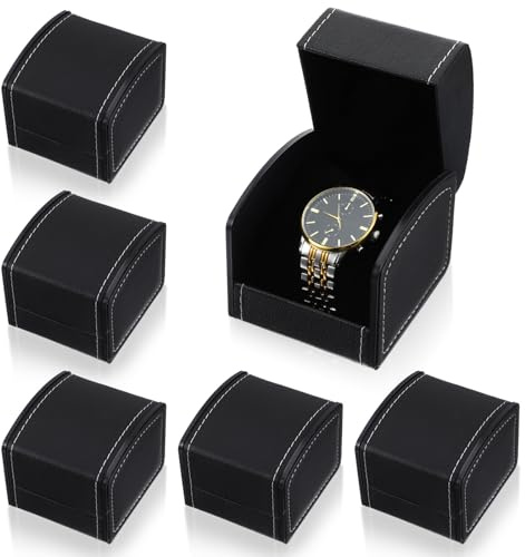 Limbeuuu 6 Packs Single Grid Watch Box with Pillow, PU Leather Gift Case for Bracelet, Jewelry Wristwatch Storage, Watch Display Holder for Men and Women, Single Watches Roll Organizer, Black