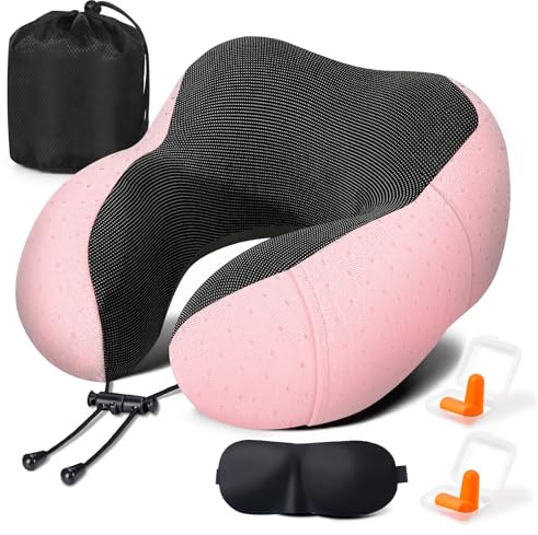 Zepphi Almohada de Viaje para Cuello, Cojin Cervical Viaje de Espuma Memoria, Almohada Cuello para Oficina Avión Tren Coche Viajando, Suave y Ajustable, con Máscara de Ojos, Tapones y Bolsa