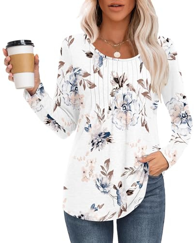 MOLERANI T Shirts for Women UK Round Neck Loose Casual Ladies Long Sleeve Tops Front Pleated T Shirt Floral White L